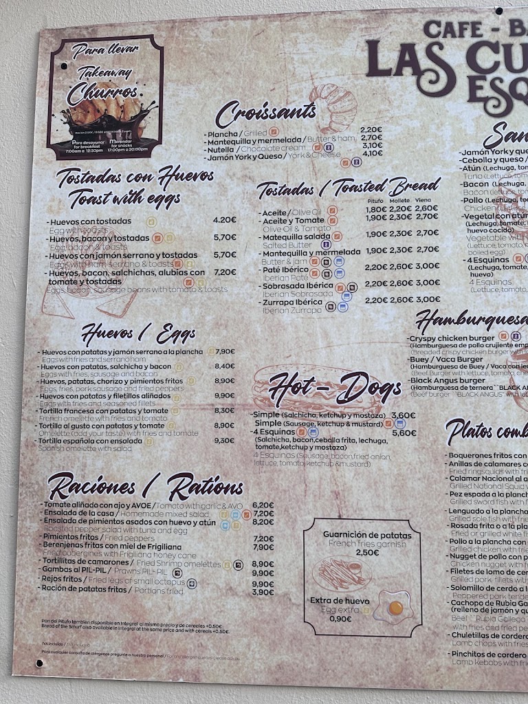 Cafe Bar las Cuatro Esquinas — Carta