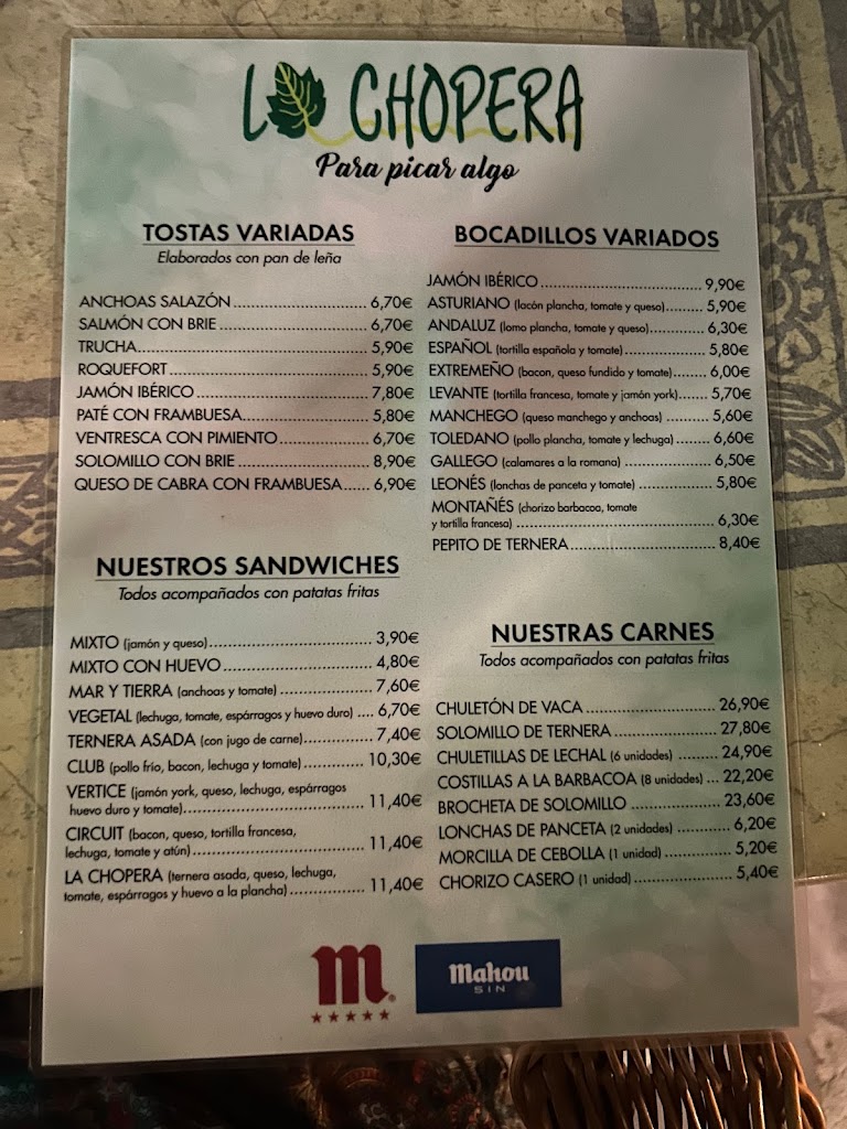 Restaurante La Chopera — Carta