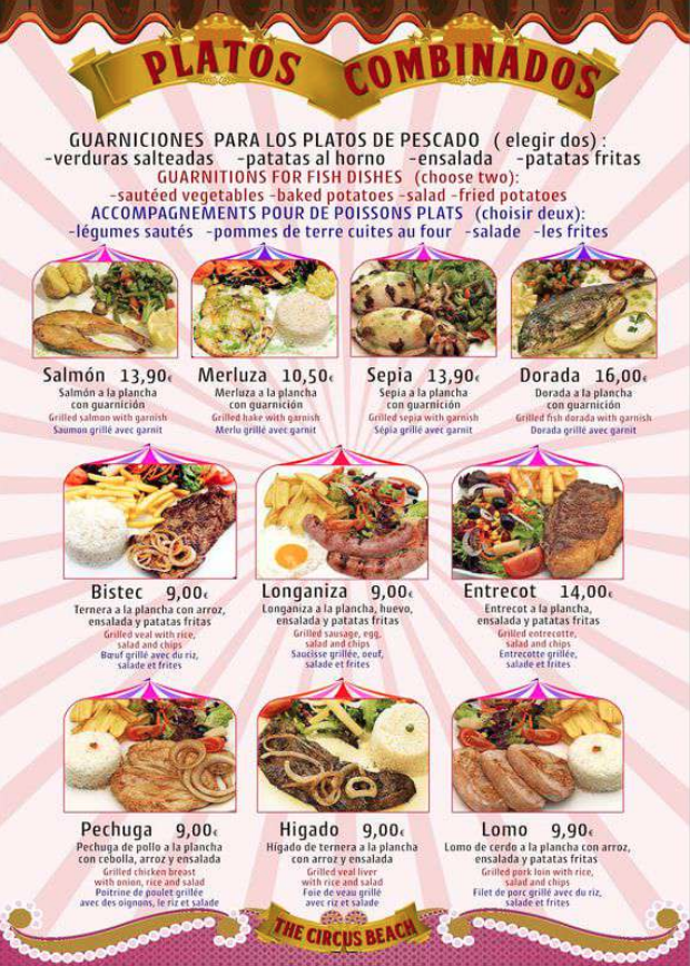Bar restaurante Circus Beach — Carta