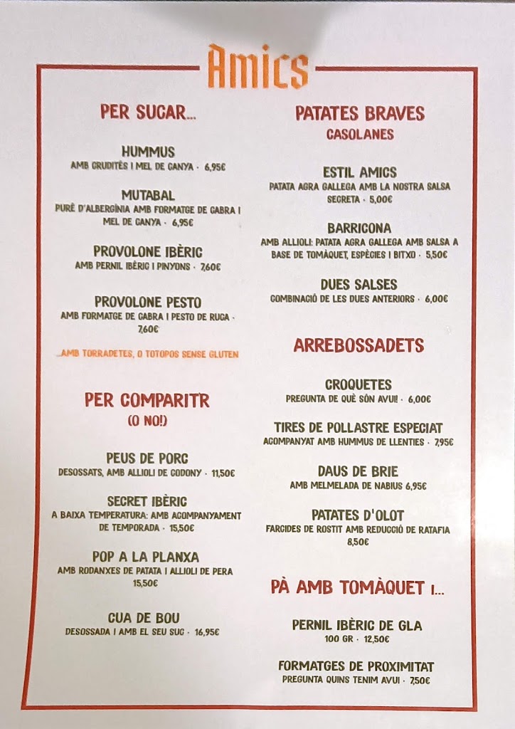 Cafe - Bar Amigos de las Artes — Carta