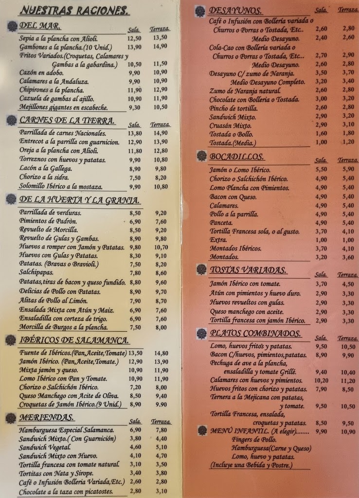 Cafeteria Restaurante Salamanca — Carta
