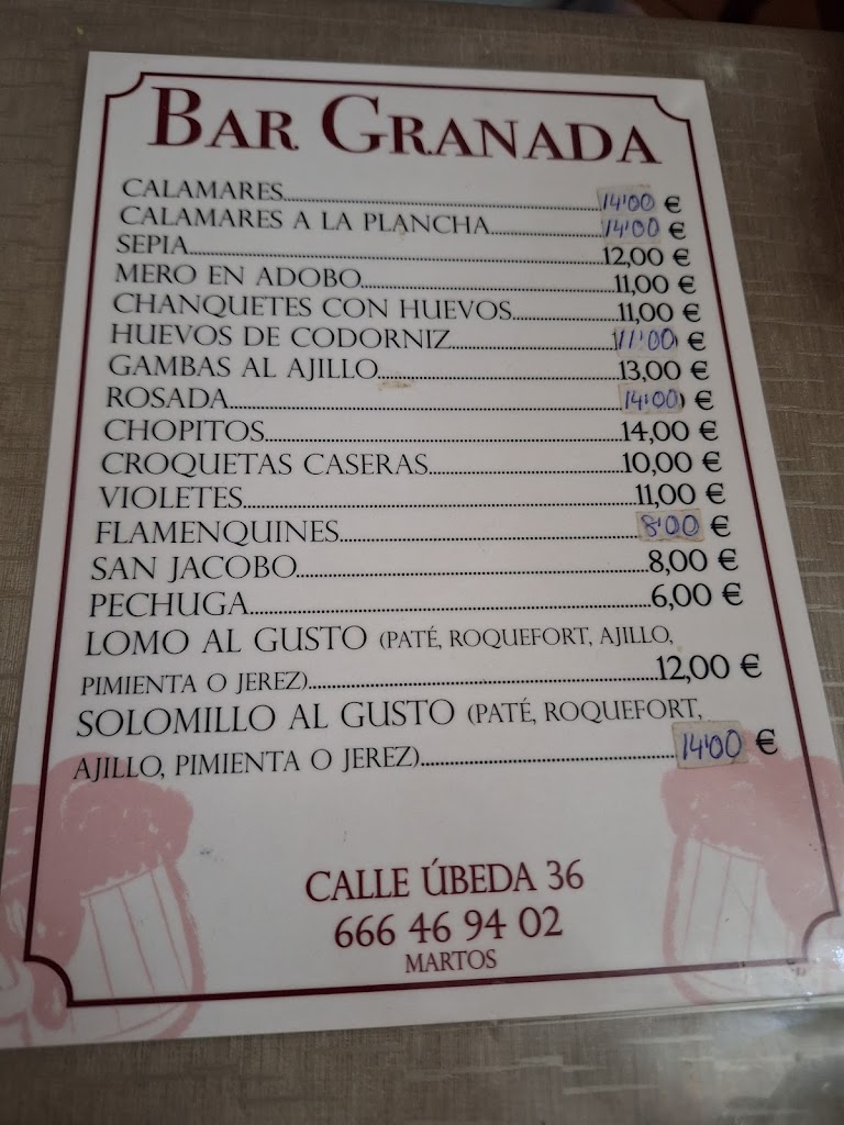 Bar Granada II — Carta