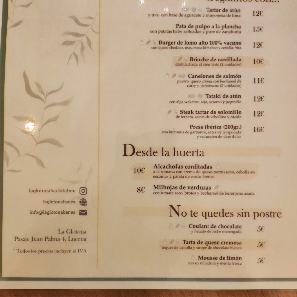 La Glotona Bar & Kitchen — Carta