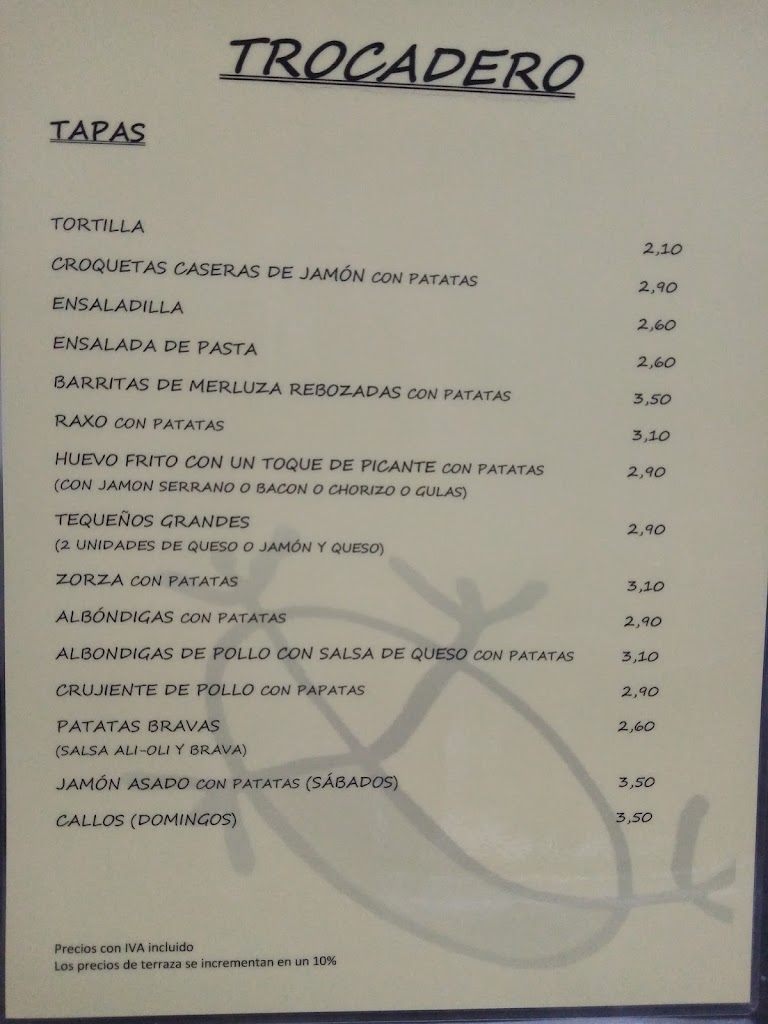 Trocadero Cafe — Carta