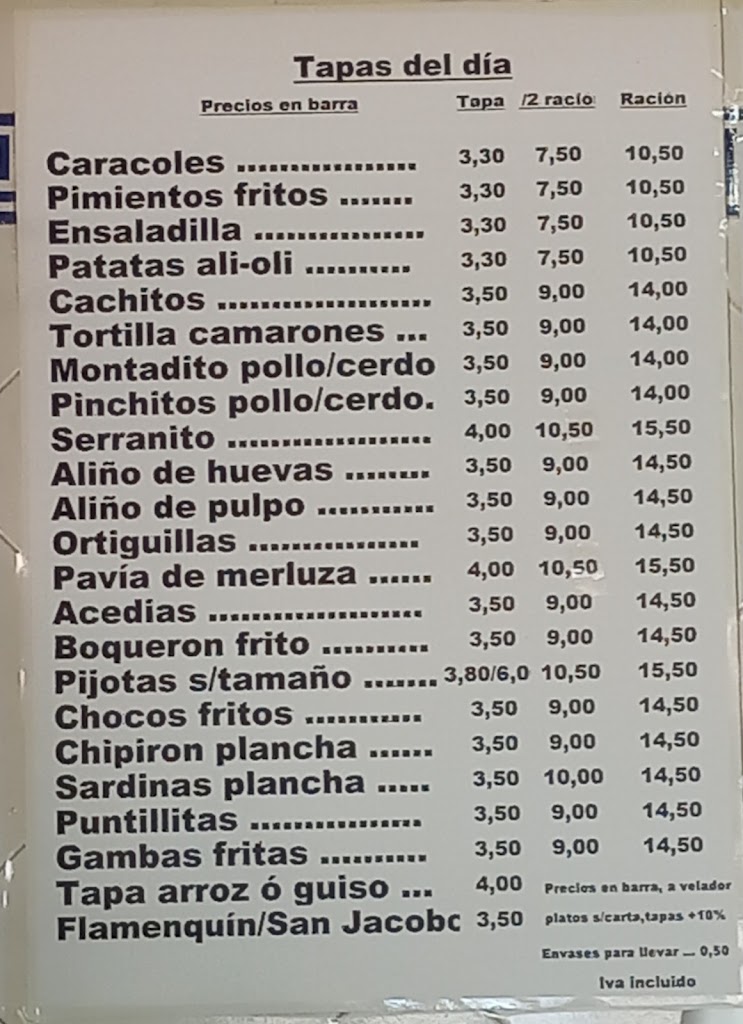 Chiringuito Los Manolos — Carta