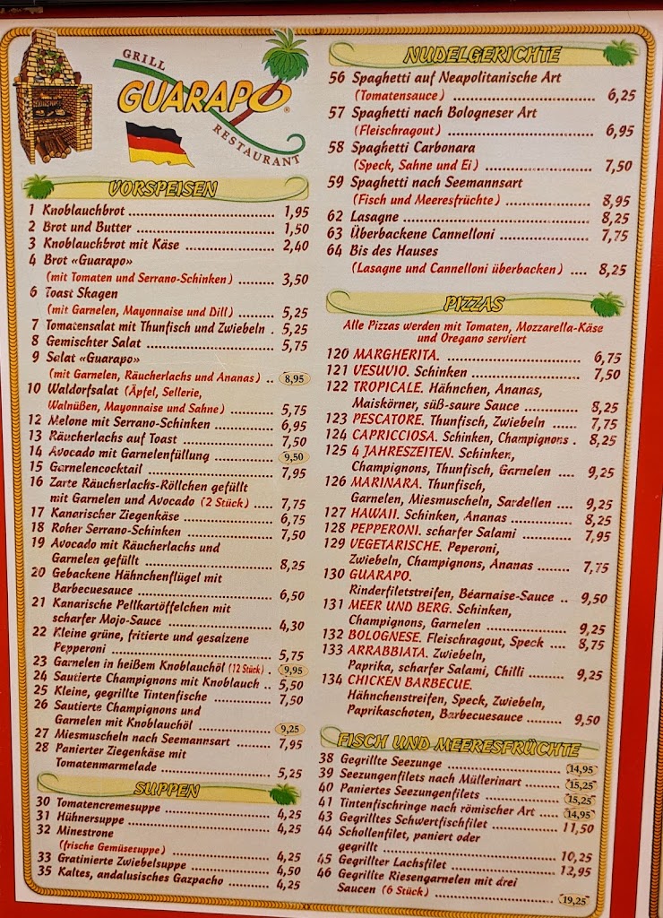 Restaurante Guarapo Jardin del Sol — Carta