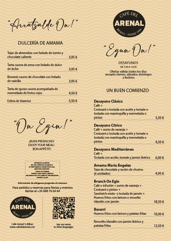 Cafe del Arenal — Carta