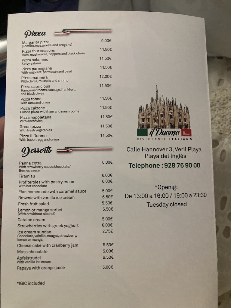 Restaurante Il Duomo di Milano — Carta