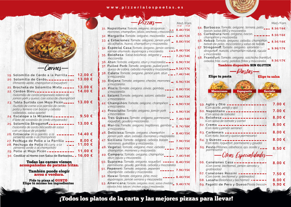 Restaurante Pizzeria Los Poetas — Carta