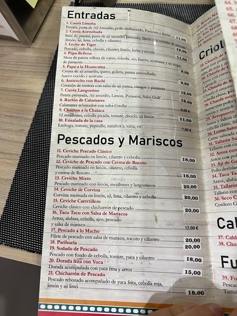 Tradiciones Peruanas pisco bar — Carta