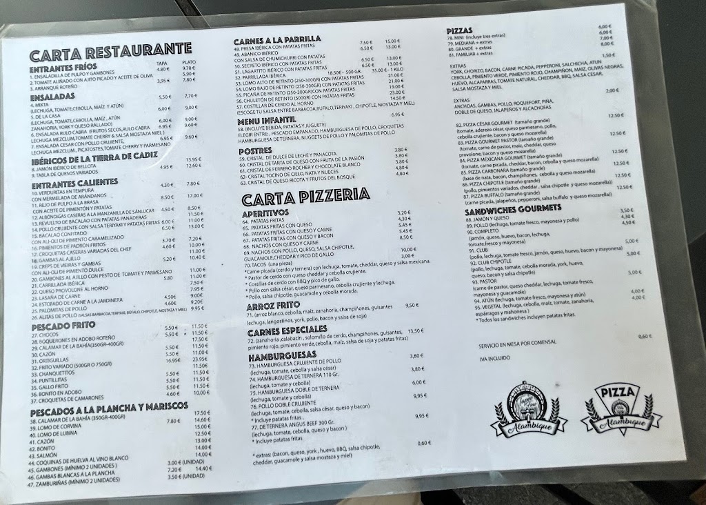 Bar restaurante El Alambique — Carta