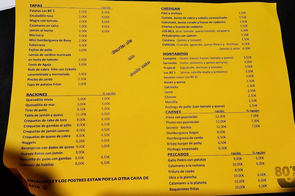 80'S TAPAS & MUSIC BAR — Carta