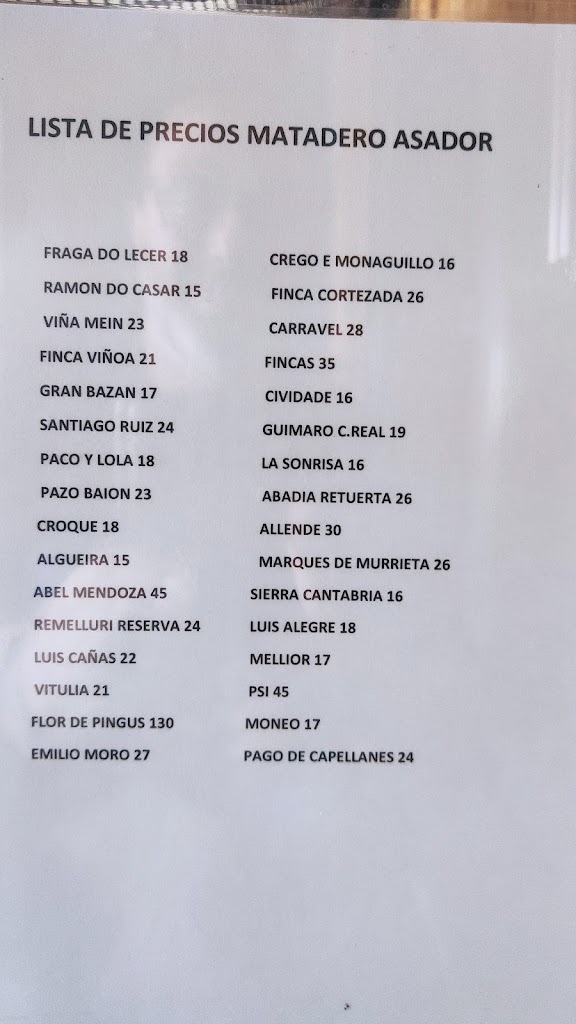 Matadero Asador — Carta