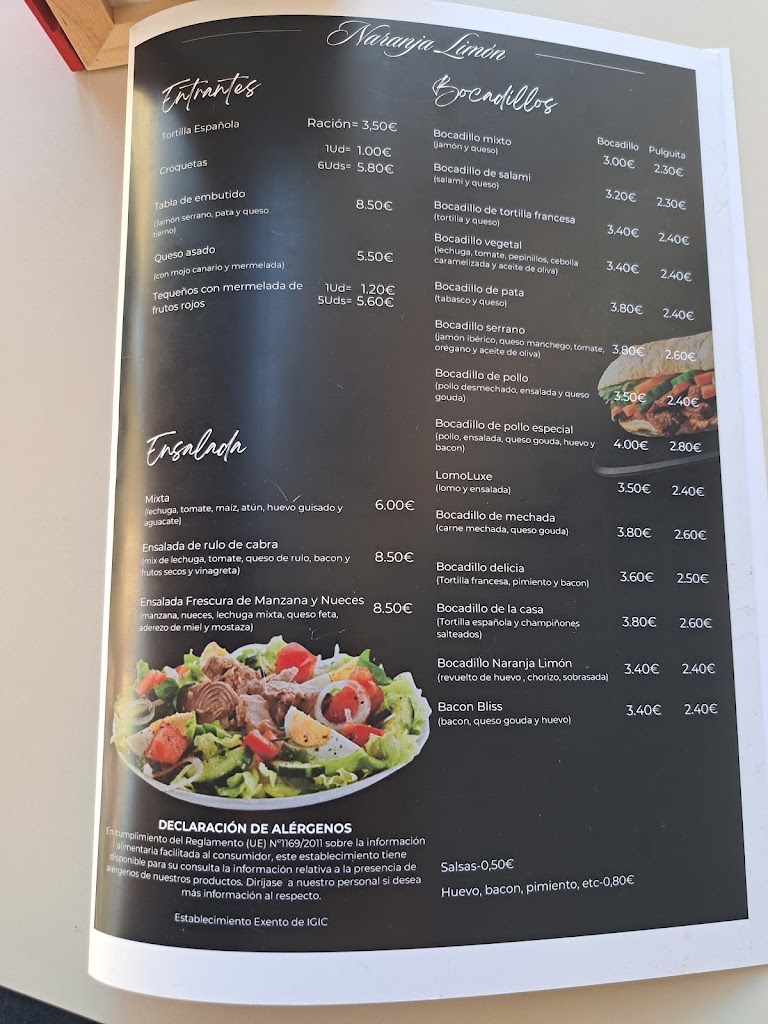 Bar Cafeteria Naranja Limon — Carta