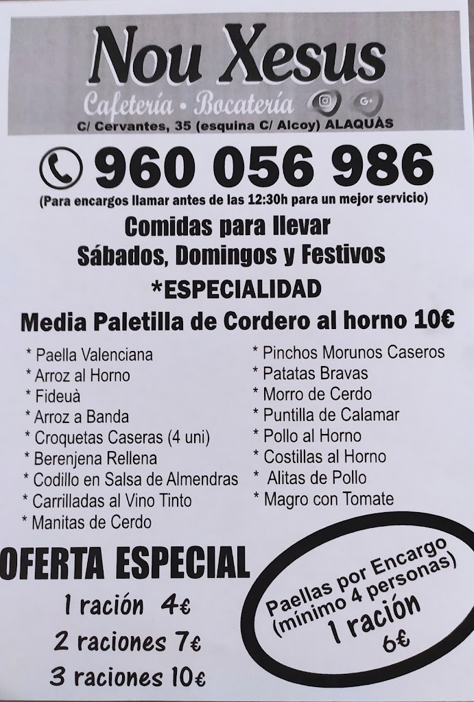 Cafeteria Bocateria Nou Xesus — Carta