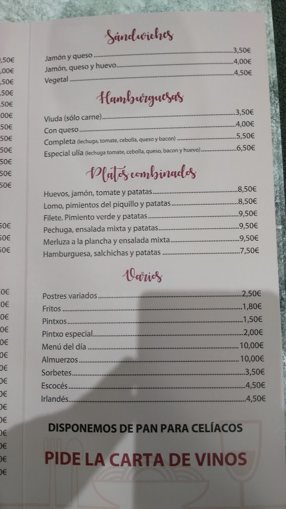 Bar Ulia — Carta