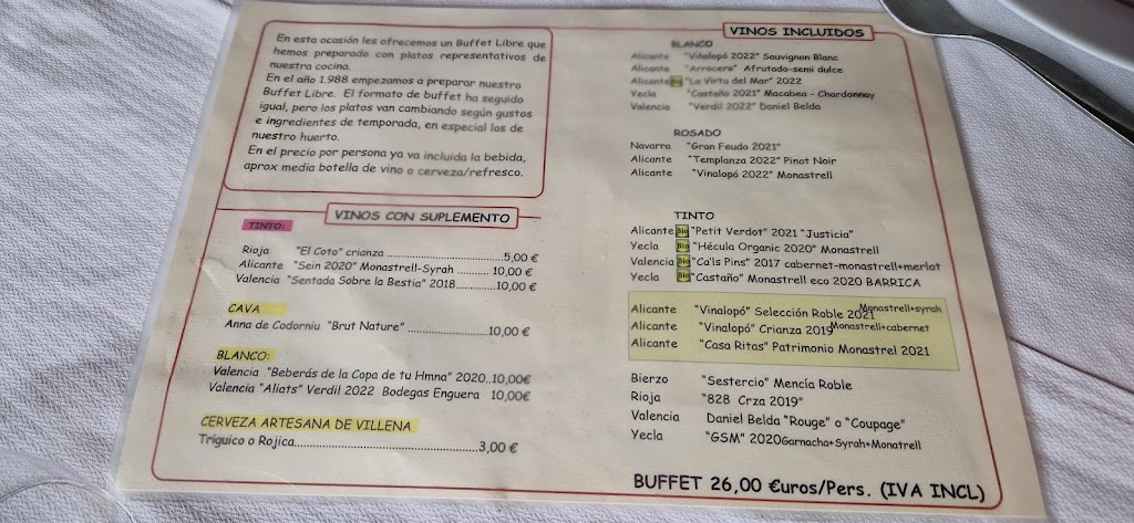 Restaurante Los Balcones — Carta