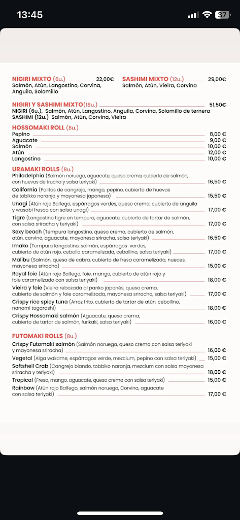 IMAKO SUSHI & (TAKE AWAY ) — Carta