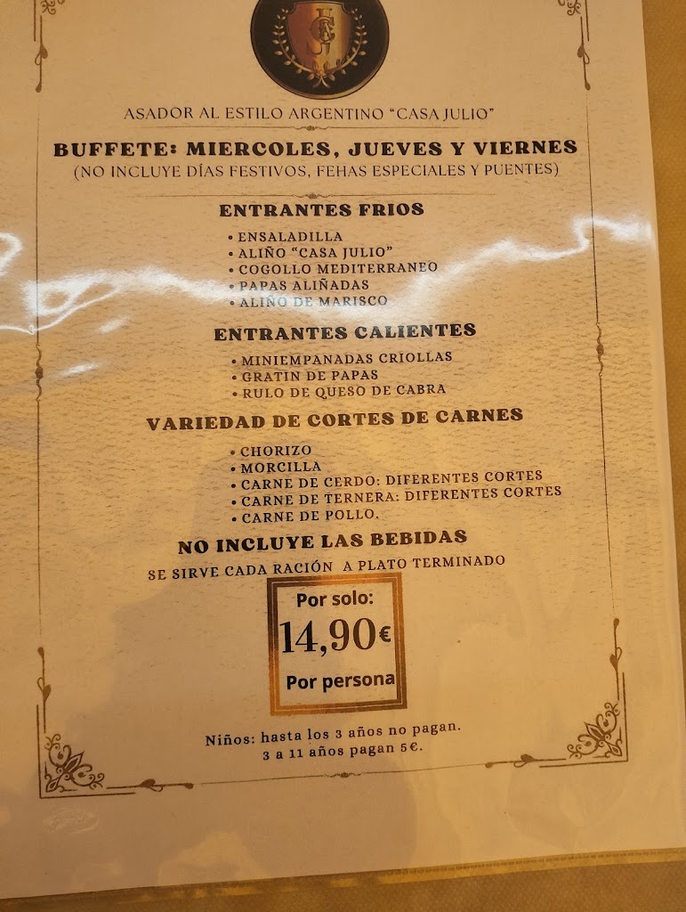 Bar restaurante Asador Casa Julio — Carta