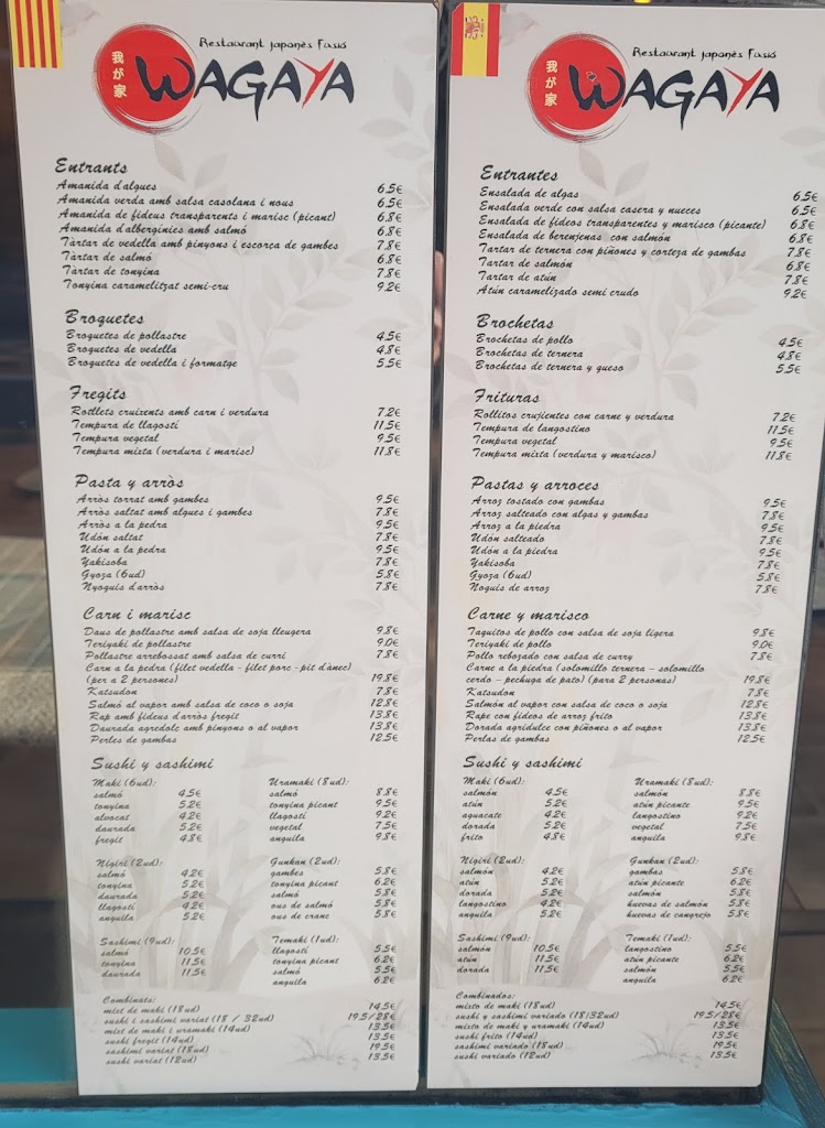 Wagaya Restaurante — Carta