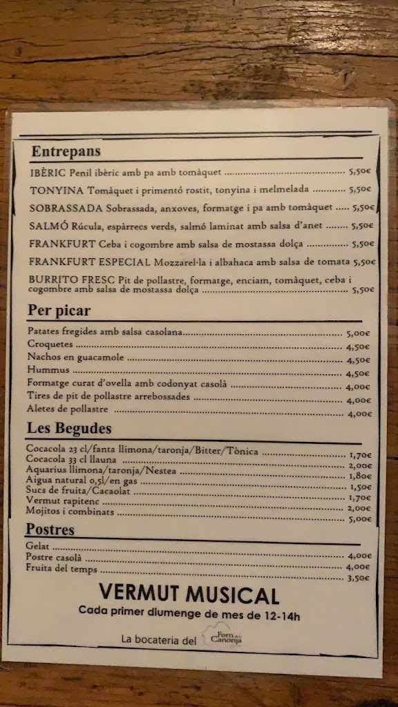 Forn de la Canonja — Carta