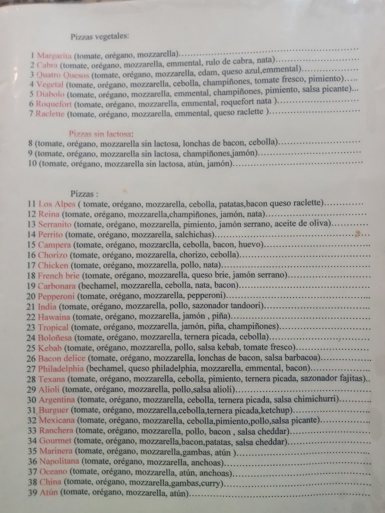 Pizzeria Los Alpes — Carta