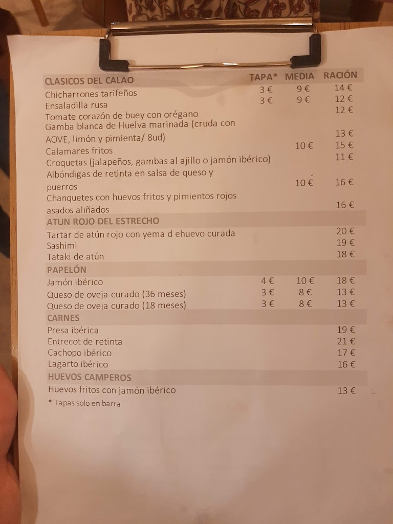 Restaurante El Calao Tarifa — Carta