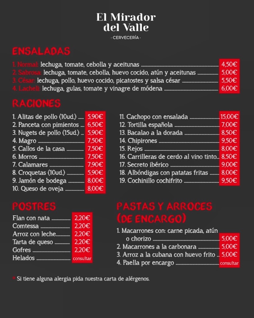 Bocateria El mirador del Valle — Carta