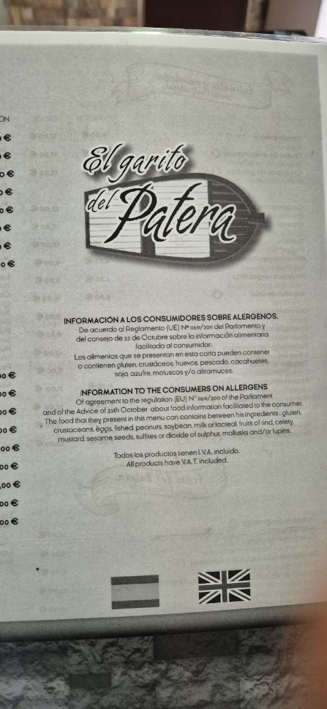 Restaurante El Garito del Patera — Carta