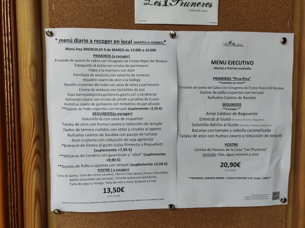 Les Pruneres Restaurant — Carta