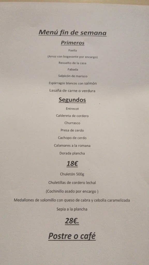 Bar Resturante El Columpio — Carta