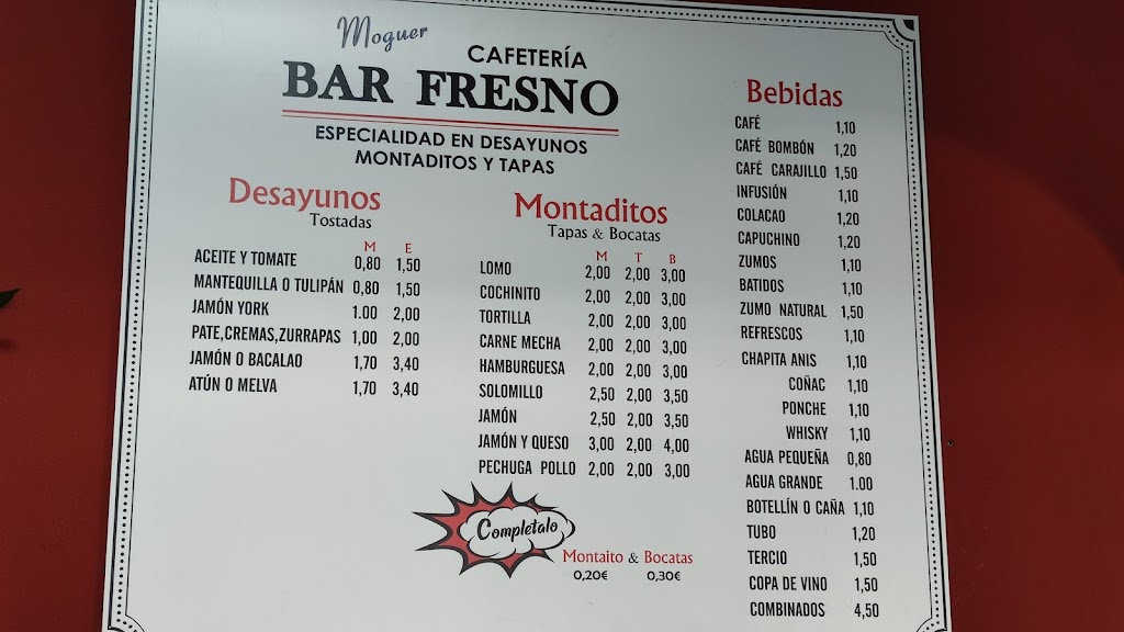 Cafeteria Bar Fresno — Carta