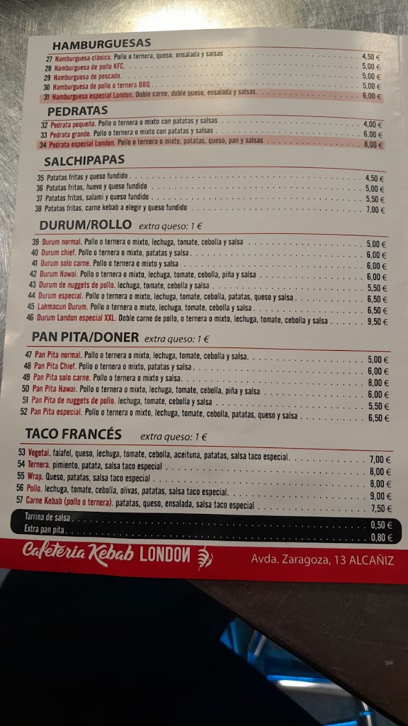 Cafeteria Kebab LONDON — Carta