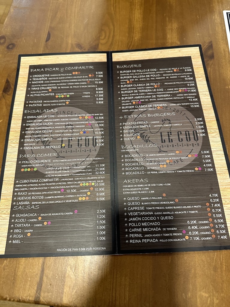 Restaurante Le Coq Santiago — Carta