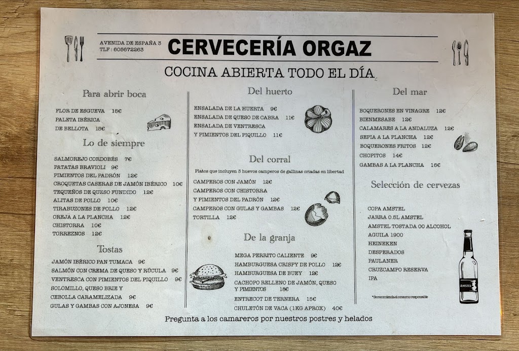 Cerveceria Orgaz — Carta