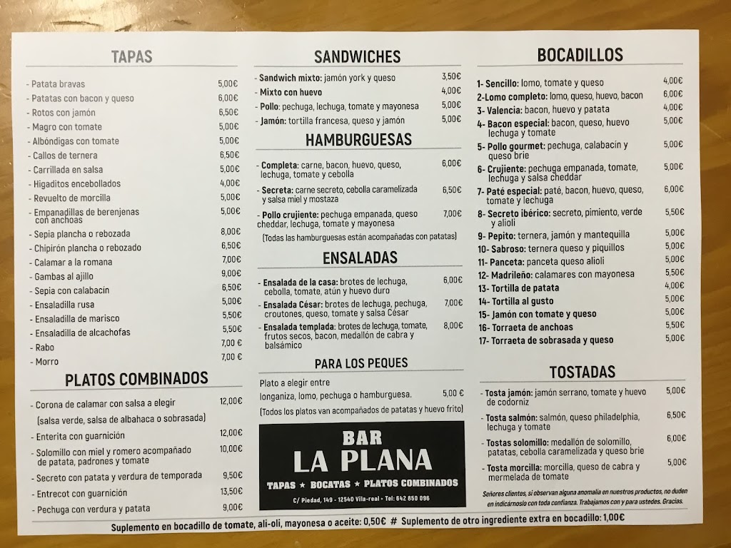 Bar la Plana — Carta