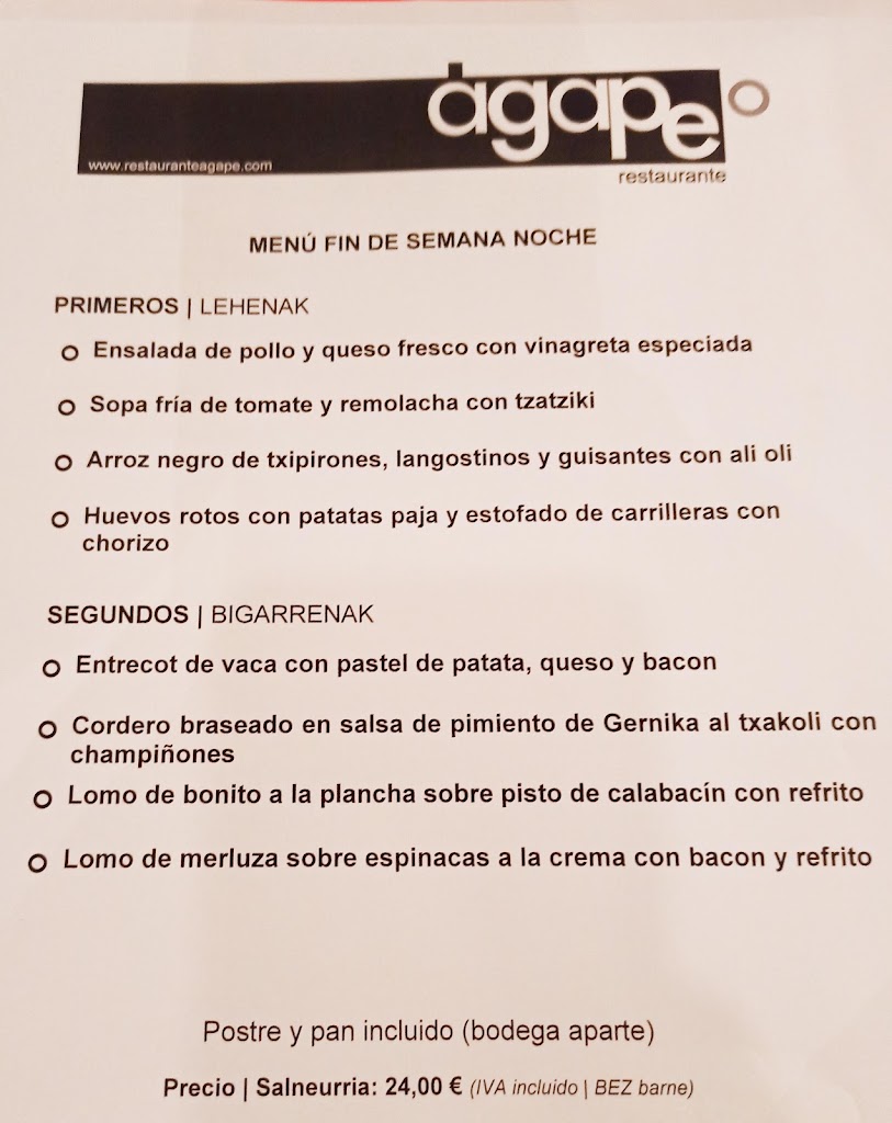 Restaurante Agape — Carta