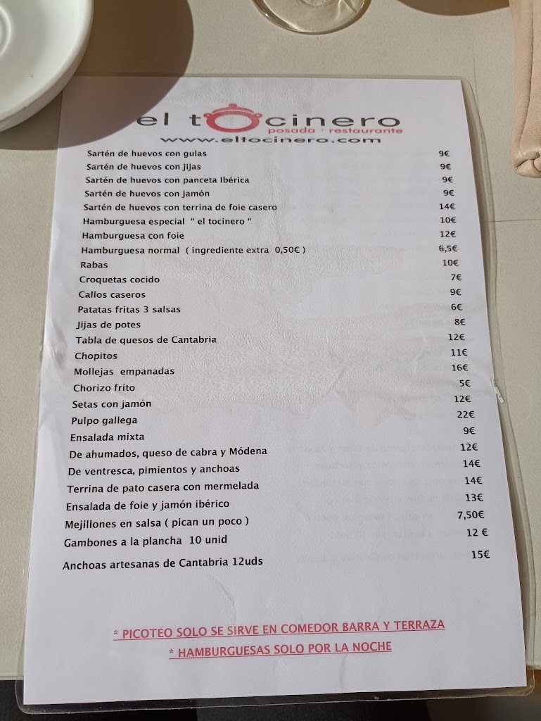 El Tocinero Restaurante y Posada — Carta