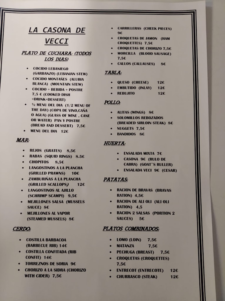 La Casona de Vecci — Carta
