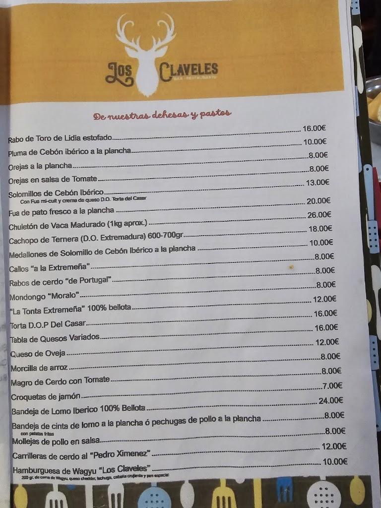 Bar restaurante Los Claveles — Carta