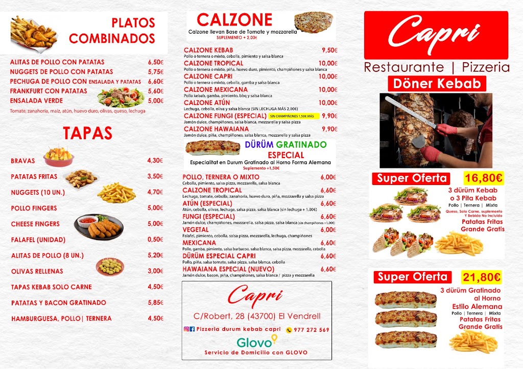 Capri Restaurant Pizzeria Kebab — Carta