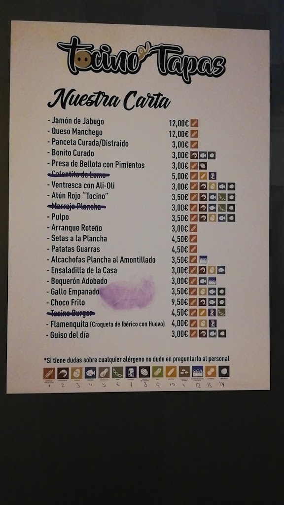 Bar Tocino Tapas — Carta