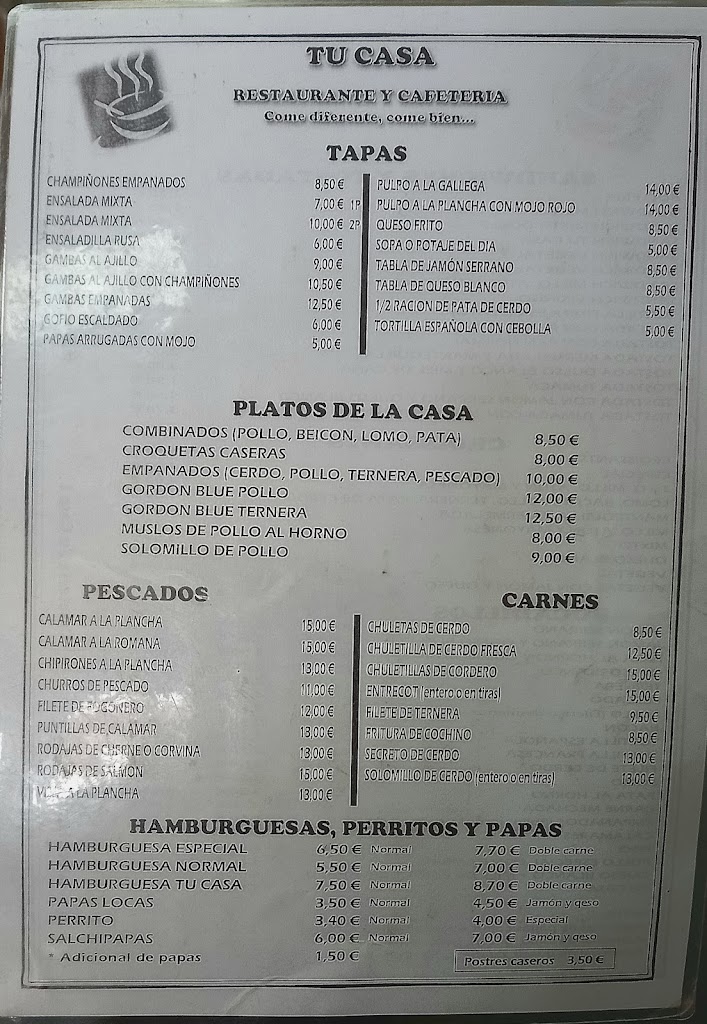 Bar Cafeteria restaurante Tu Casa — Carta