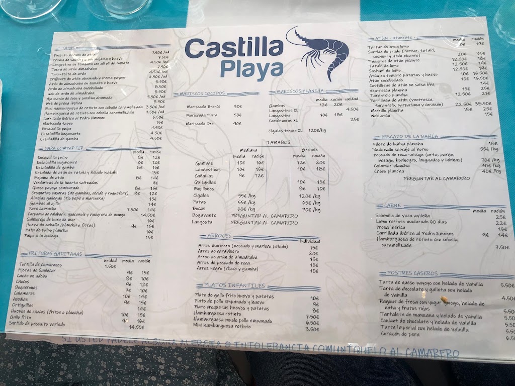 Mariscos Castilla Playa — Carta
