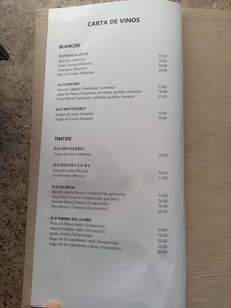 Bar restaurante O Muino Occilis — Carta