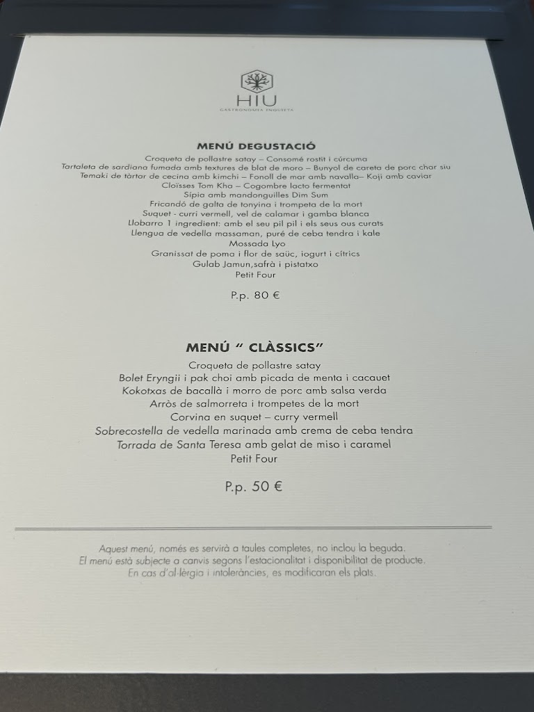 Restaurante HIU — Carta