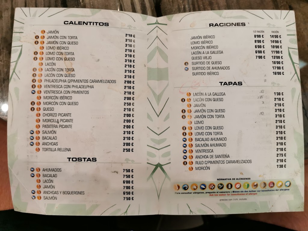 Bar El Encinar Plaza — Carta
