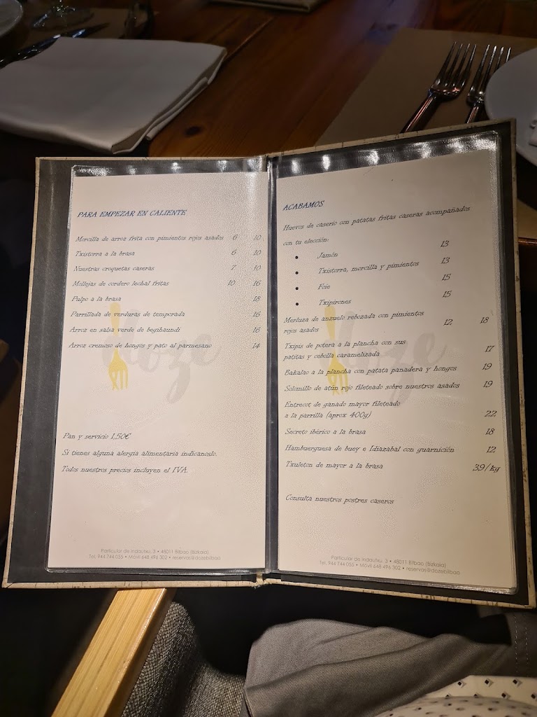 Restaurante Doze — Carta