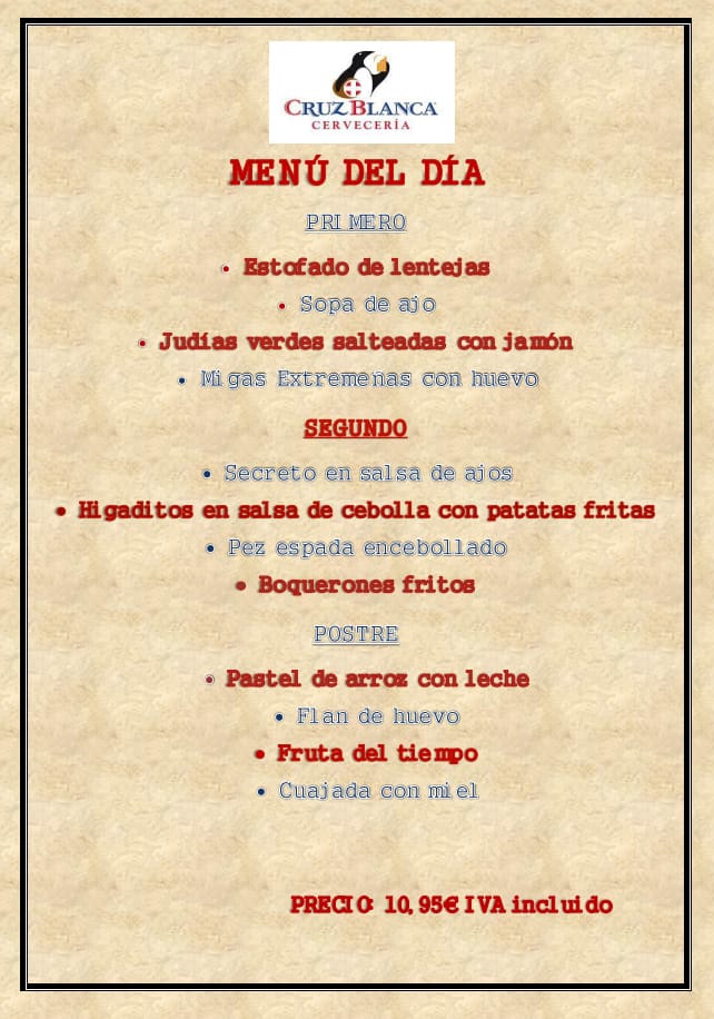 Restaurante La Cruz Blanca — Carta