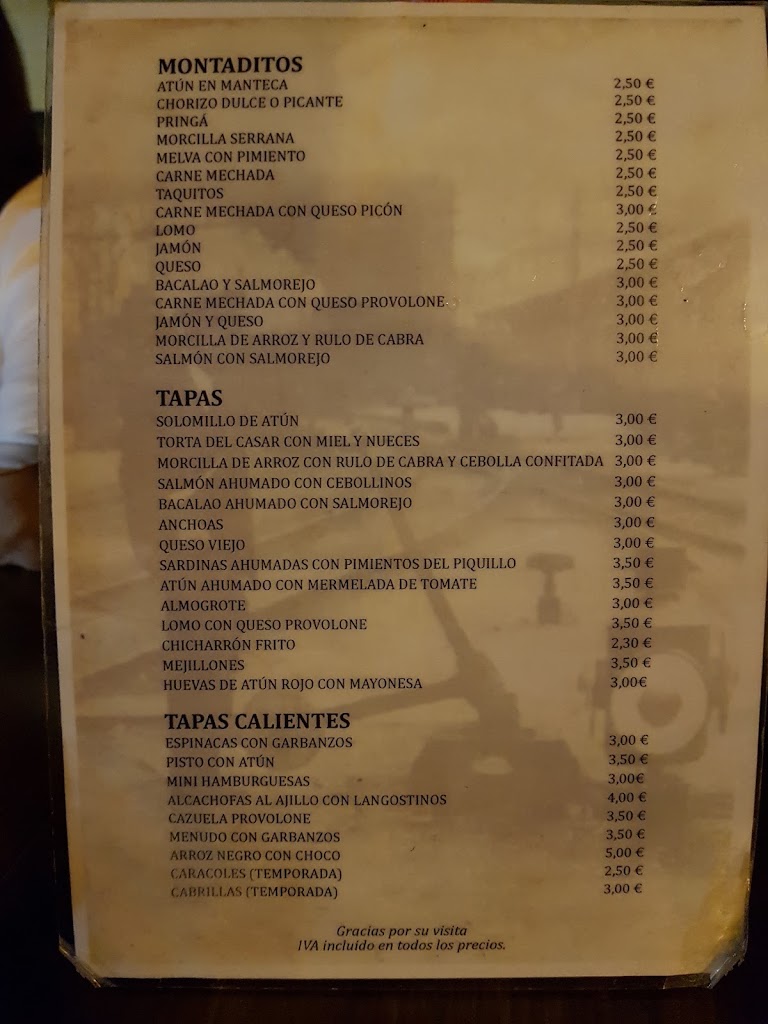 Bodega El Guardaguja — Carta